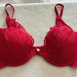 Natori 32D Red Lace Underwire Bra Convertible X Back EUC Sexy Coquette Romantic